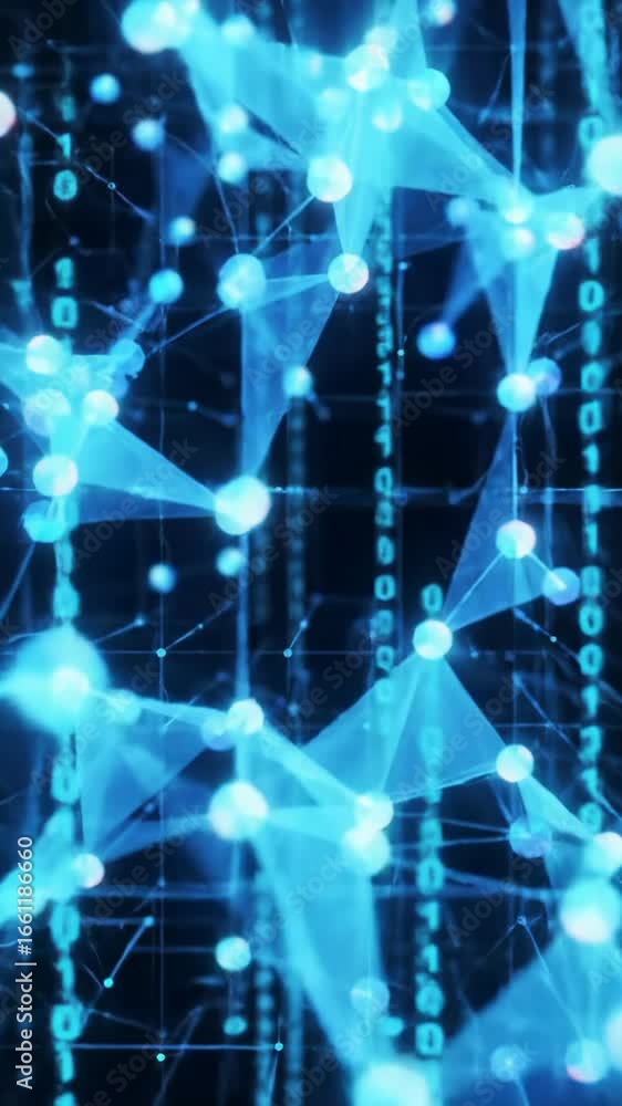 Aufkleber dynamic abstract digital network video with glowing nodes & iridescent data streams on a dark geomet