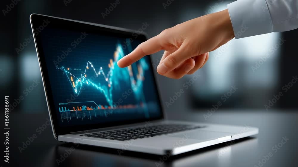 Poster finger points at laptop screen showcasing digital analytics and data visualization. modern office se