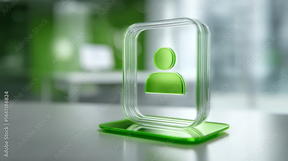 Poster modern green icon symbolizing digital user profile and connectivity in a sleek workspace.