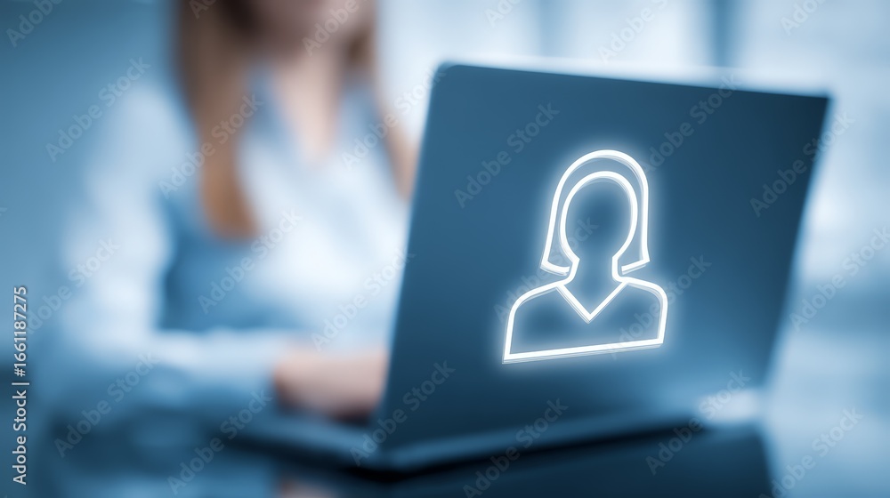 Poster professional person using laptop with abstract user icon on screen in modern workspace.