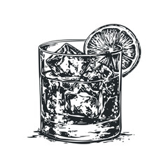 Glass of Ice and Lemon Slice in Black and White Sketch Style