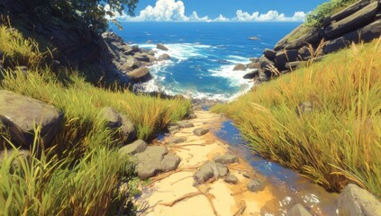 Sunny coastal path, rocky cove