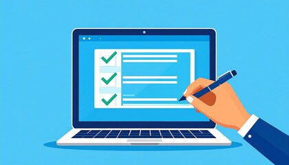 Hand signing digital checklist on laptop