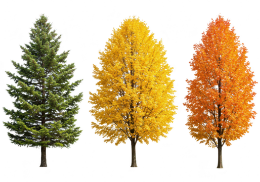 Collection of three trees in different seasons green evergreen, yellow autumn, and orange fall isolated on transparent background
