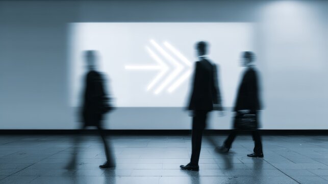 Silhouetted figures walking in a modern corridor with directional display.