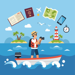 Traveler on a boat in the ocean with travel essentials like passport, map, and camera, surrounded by tropical islands and a lighthouse, symbolizing a summer vacation adventure