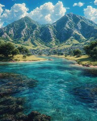 Coastal village nestled by a turquoise river, mountains