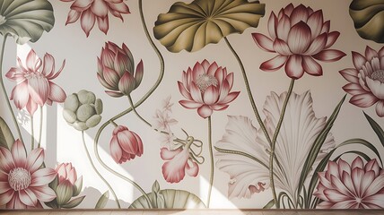 Ai generated image of vintage botanical illustration of pink and red lotus flowers