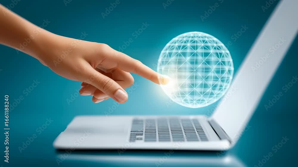 Poster hand engages with laptop touchpad creating glowing interaction effect. modern workspace setting with