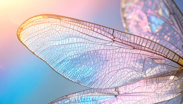 Closeup of a dragonfly wing showing its intricate veins and iridescent colors, creating a beautiful and ethereal natural pattern