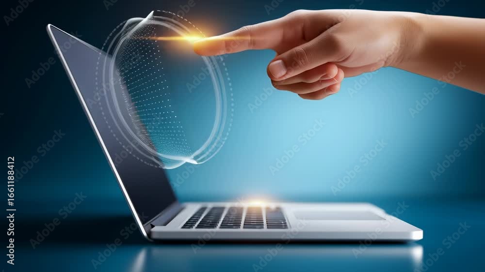 Poster finger engages with laptop touchpad in a modern workspace setting. technology and innovation theme h