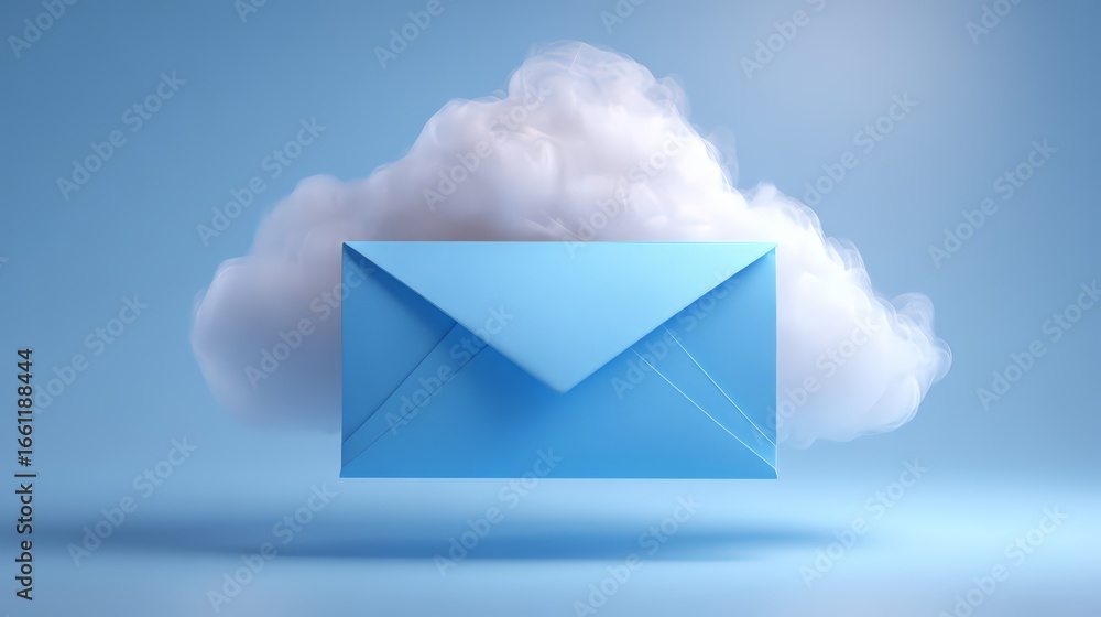 Poster a blue envelope floating in a cloud, symbolizing online communication and messaging.