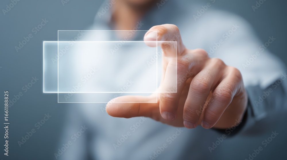 Poster a businessman interacts with a transparent touchscreen display in a modern setting.