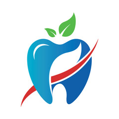 Modern dental logo design incorporating leaves and healthy living principles showcasing oral care and overall well being with blue color palette and red accent line for a vibrant visual impact