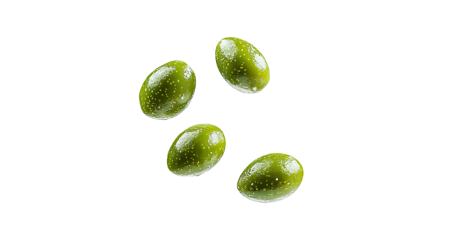 Flying delicious green olives cut out on white background
