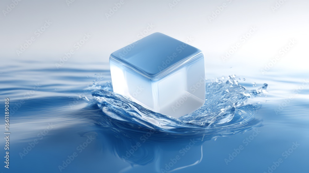 Poster a clear ice cube splashes in water, creating dynamic ripples and reflections.