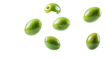 Flying delicious green olives cut out on white background