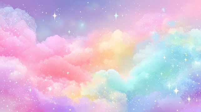 A dreamy pastel background with soft pink, purple, blue, yellow, and green hues blending like watercolor,