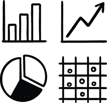 Set of Four Black and White Data Visualization Icons Including Bar Chart, Line Graph, Pie Chart, and Scatter Plot Representing Analytical Tools for Business and Research