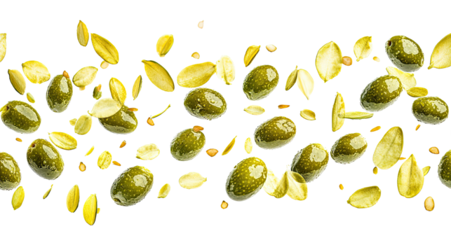 Flying delicious green olives cut out on white background
