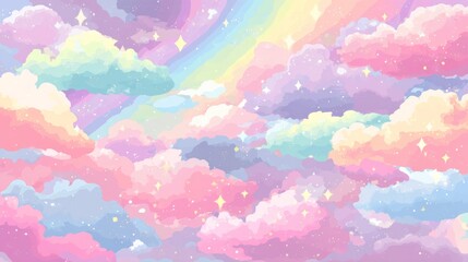 A serene sky filled with fluffy pastel clouds in pink, purple, blue, and yellow,