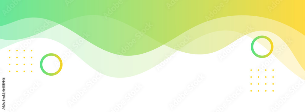 Poster vibrant yellow and green gradient abstract background with dynamic waves and circular elements, perf