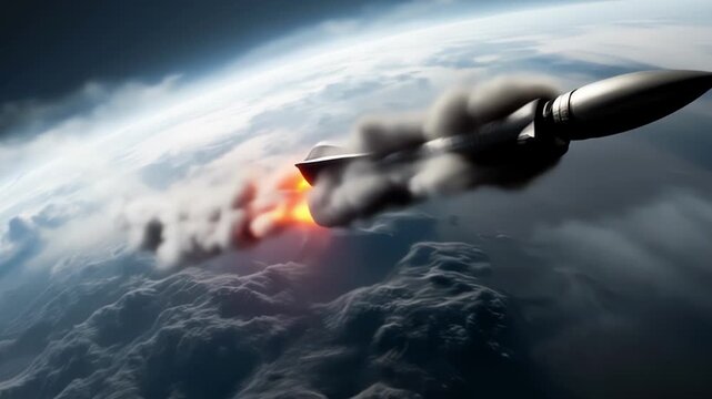 A missile with a nuclear warhead flies above the Earth, invincible force and danger.