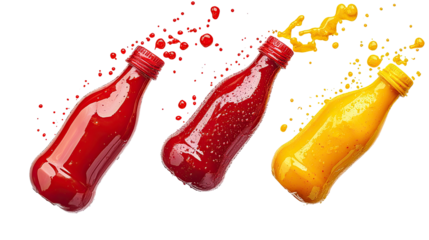 Flying ketchup and mustard plastic bottles cut out