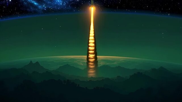 A missile with a nuclear warhead flies above the Earth, invincible force and danger.