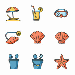 Vibrant Icons Representing Summer Fun, Beach Activities, and Tropical Relaxation. A collection of essential holiday elements in flat design.