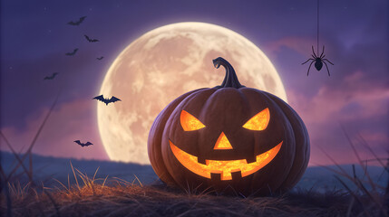 Spooky jack o lantern glowing in front of a full moon on halloween night
