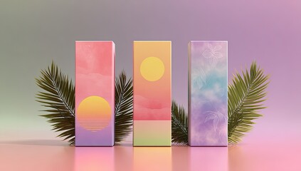Three colorful boxes with sunset/sunrise designs and palm leaves. Pastel and gradient colors