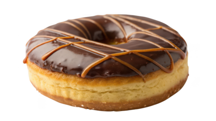 Delicious chocolate glazed donut with caramel drizzle isolated on transparent background