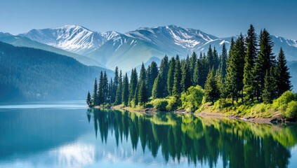 Serene lake, mirrored mountains, pine forest