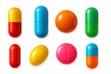 Set of colorful pills and capsules isolated on transparent background, representing concepts of healthcare, medicine, and pharmaceuticals