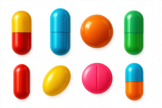 Set of colorful pills and capsules isolated on transparent background, representing concepts of healthcare, medicine, and pharmaceuticals