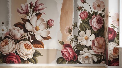 Ai generated image of torn wallpaper with vintage floral arrangement