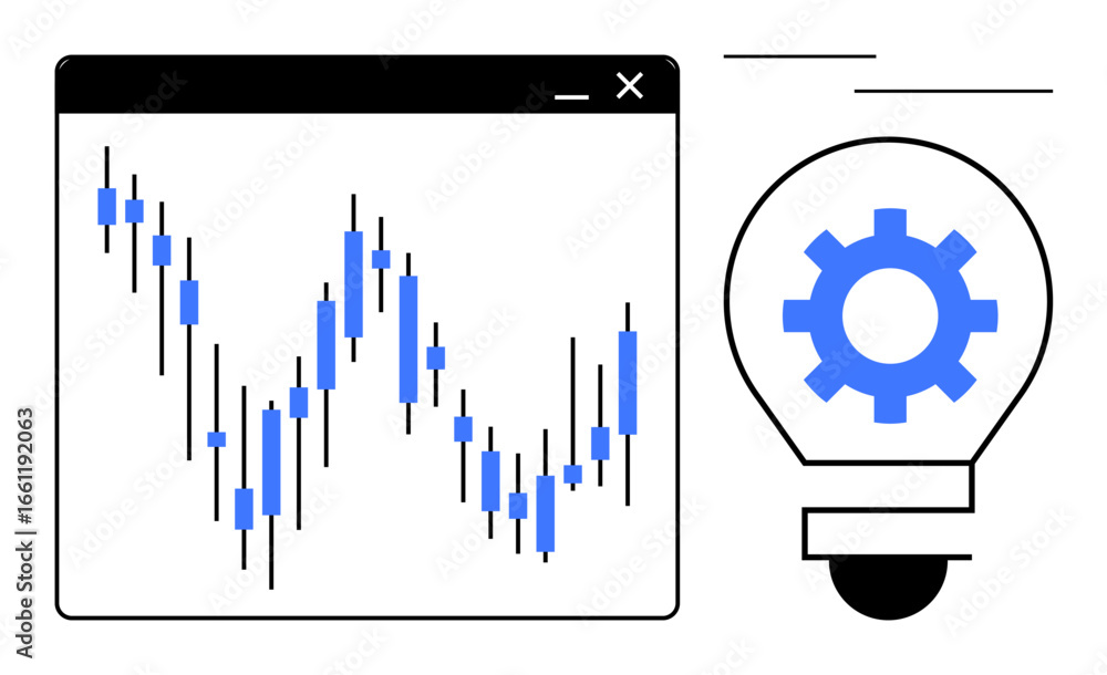 Poster candlestick chart in desktop window next to lightbulb with gear, representing analysis, innovation, 