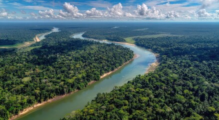 Fototapeta premium Lush Amazon river winding through dense jungle