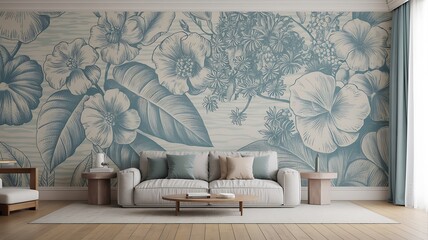 Ai generated image of modern living room with blue floral wallpaper and sofa