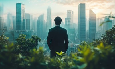 Layered image of a businessman in front of an urban cityscape, interwoven with elements of green foliage. This visual symbolizes sustainable development and green investing, Generative AI