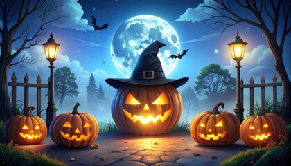 Glowing carved Halloween pumpkins with jack o lantern faces and witch hat under full moon night with bats and spooky trees