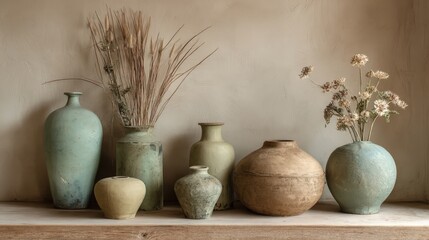 Minimalist decor display with aged ceramic vases in pastel green and neutral earthy colors showcasing vintage charm