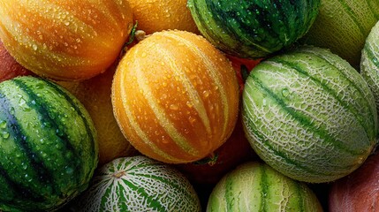 Freshly harvested melons with vibrant colors and refreshing water droplets offer juicy summer sweetness