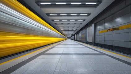 Subway station with blurred yellow train speeding by. Clean, modern architecture