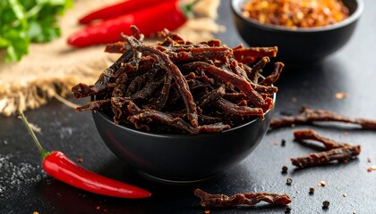 Spicy jerky in bowl with chili peppers