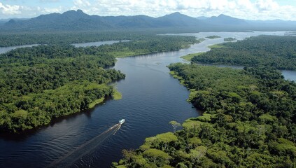 Lush rainforest river system. Aerial view of dark water river winding through dense green jungle. Mountains in the distance. Small boat on the water