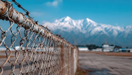 Fototapeta premium Rusty chain-link fence with snow-capped mountains
