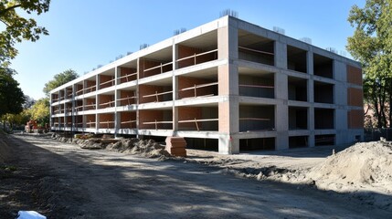Side angle of G concrete structure mid-construction with balconies and outer walls partially complete