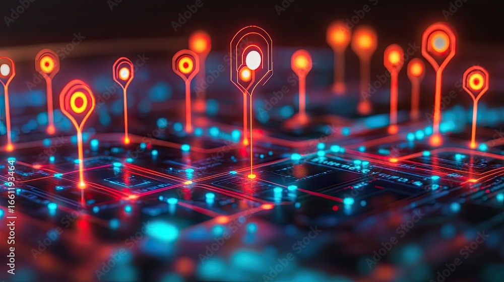 Poster smart city concept with multiple check-in signs highlighting essential locations for social distanci
